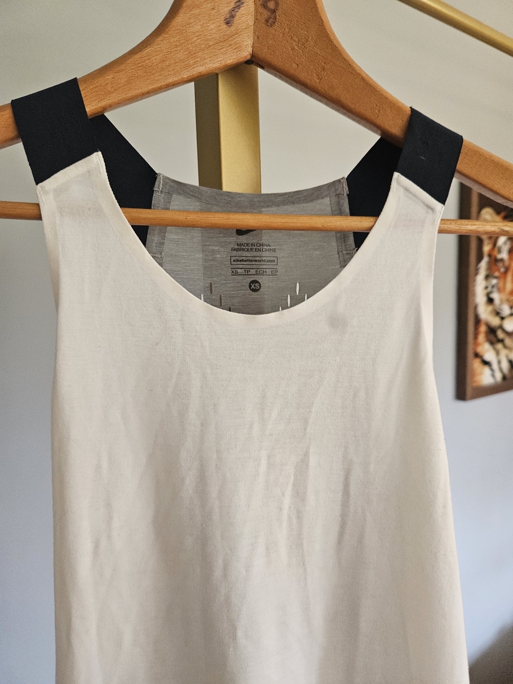 Nike Women’s White Tank Top with Navy Straps, Asymwtrical With High Slit